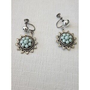 Vintage Faux Turquoise Screw Back Dangle Earrings silver tone boho aztec style